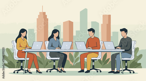 Business team working on laptops in a modern office with cityscape background