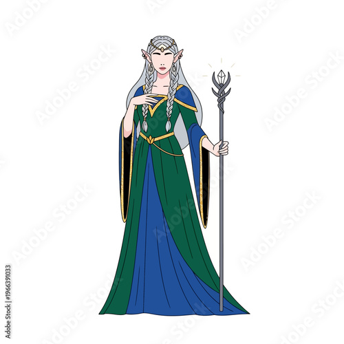 Fantasy Elf Woman with Staff, Elegant Elven Princess in Green and Blue Gown
