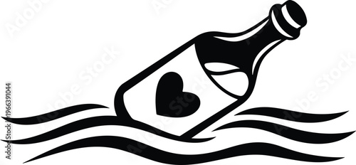 Hand-drawn outline of bottle with heart drifting on stylized waves simple monochrome minimalistic ocean concept illustration