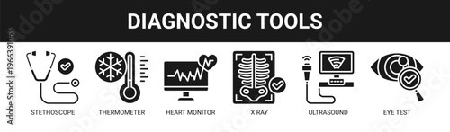 Diagnostic Tools web banner icon vector illustration concept with icons of stethoscope, thermometer, heart monitor, X ray, ultrasound, and eye test.