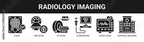 Radiology Imaging web banner icon vector illustration concept with icons of X ray, MRI scan, CT scan, ultrasound, heart scan, and hospital building.