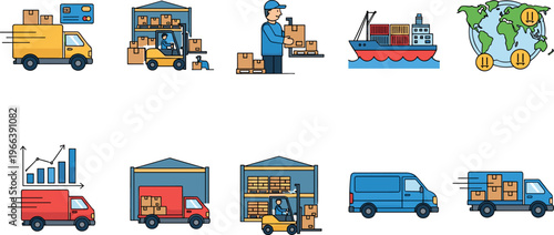 Delivery and Shipping Service Vector Set Featuring Trucks, Cargo Ships, Forklifts, and Warehouse Operations