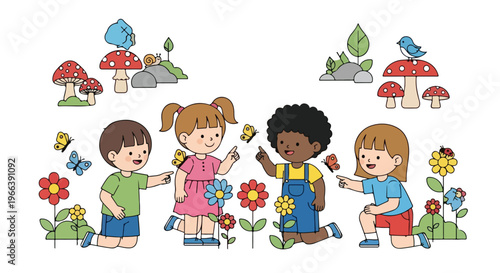 Diverse children joyfully discover nature in a whimsical garden filled with colorful flowers, mushrooms, and fluttering butterflies.