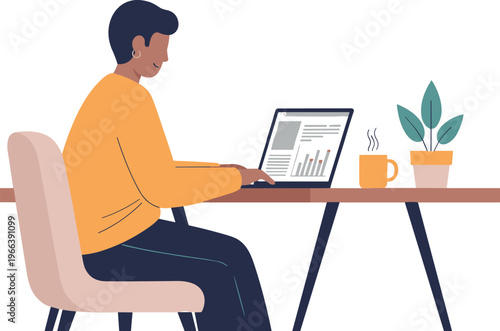 Man working on laptop at desk vector illustration, remote work and home office workspace concept for productivity, technology and modern lifestyle design