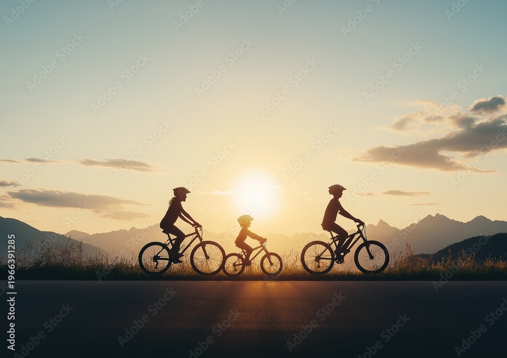 Fototapeta premium Family riding bicycles on a road with mountains and a glowing sun, creating warm silhouettes against the sky