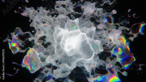 Abstract translucent liquid explosion with rainbow refractions on black background