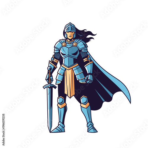 Female Knight Warrior In Blue Armor Holding Sword, Heroic Woman Warrior