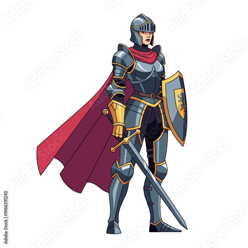 Female Knight Warrior In Armor With Sword and Shield, Medieval Fantasy Character Art