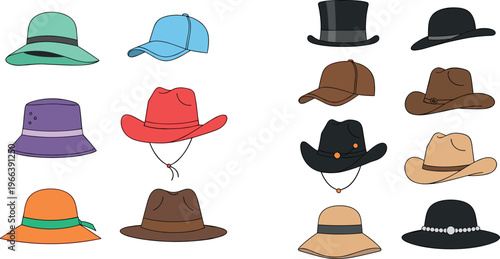 Diverse Hat Illustration Set Featuring Caps, Fedoras, Top Hats, and Casual Styles
