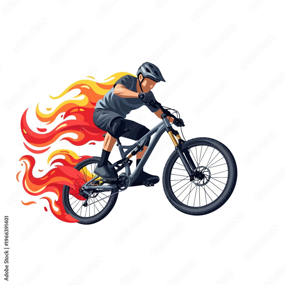 Fototapeta premium Mountain biker with flames trailing behind, extreme sports, dynamic action illustration