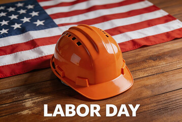 Labor Day image featuring an orange safety helmet and the American flag on a wooden surface, symbolizing work, safety, and national celebration of labor achievements.
