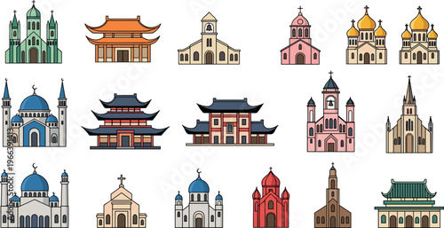 Diverse Religious Architecture Illustration Set Featuring Churches, Mosques, Temples, and Pagodas from Different Cultures