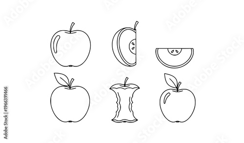 A set of minimalist line art illustrations of apples in various styles