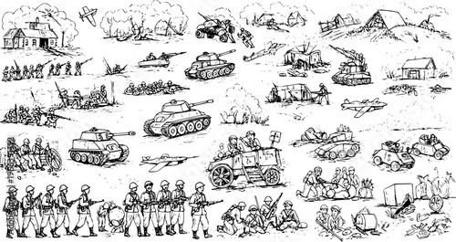 Vintage WWII Military Battle Scenes and Equipment Line Art. Hand-drawn doodle illustration of soldiers, tanks, planes, and war operations.