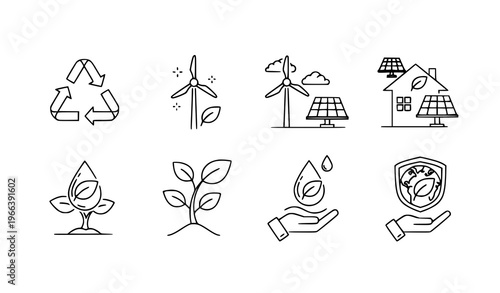 A set of eco-friendly icons representing sustainable living and environmental conservation