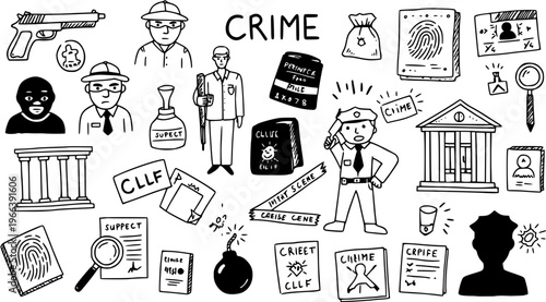 Hand-Drawn Crime  Law Enforcement Doodle Icons. Set of police, criminal, evidence, and justice elements for investigation and legal concepts.