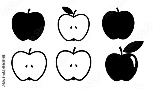 A set of six black and white apple icons in various designs