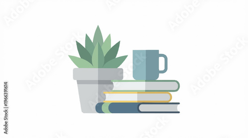 Books and plant on table.