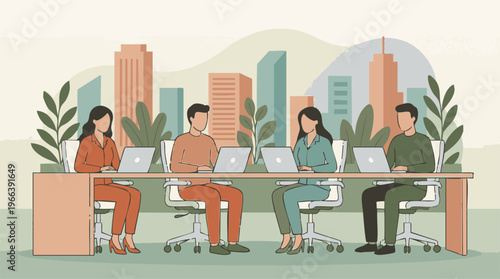 Diverse business team working with laptops in modern office setting with city view