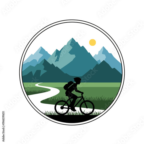 Silhouette of a cyclist on a mountain bike trail with scenic mountains and sun