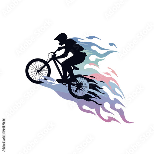 Silhouette of a cyclist with colorful fiery trails, extreme sports, downhill biking
