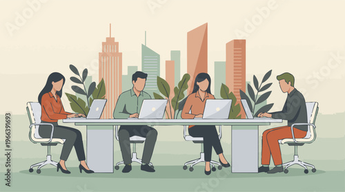 Business professionals working on laptops in a modern office environment