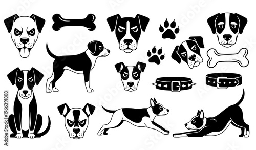 A set of black and white vector illustrations of dogs and dog accessories