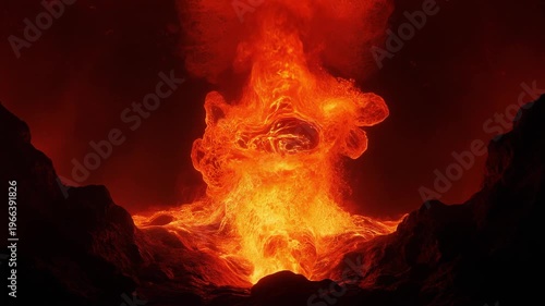 Powerful volcanic eruption with glowing lava flowing from the crater