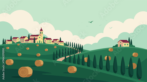 Idyllic Tuscan landscape with village, rolling hills, and hay bales