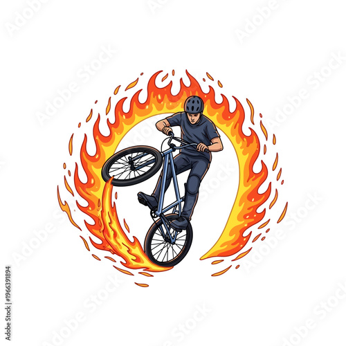 BMX Rider Jumps Through Fiery Hoop, Extreme Sports, Action, Danger