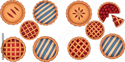 Fruit pies with lattice, solid, and open crusts showing cherry and blueberry fillings in vector illustration