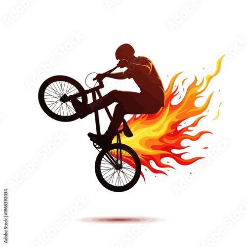 BMX rider performing stunt with fiery flames erupting from bicycle rear wheel