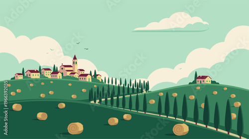 Minimalist illustration of a Tuscan countryside landscape with village and cypress trees