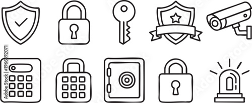 Security Protection Icons Set With Lock Shield And Surveillance Symbols