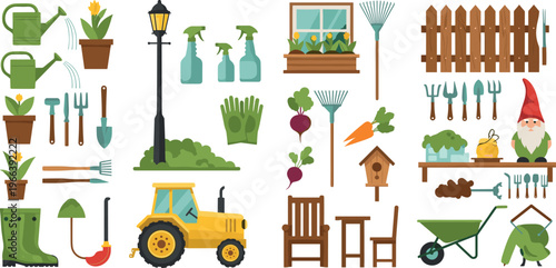 Gardening Tools, Planters, Outdoor Furniture, and Garden Decorations Set