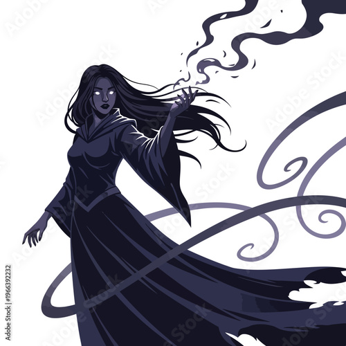 Mysterious sorceress casting dark magic with swirling smoke and glowing eyes