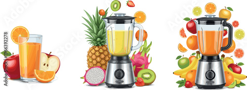 Fresh Fruit Juice and Blender Collection with Vibrant Fruits and Juicy Smoothies