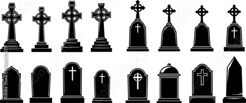 Gravestone and Cross Illustration Set for Halloween, Cemetery, and Memorial Designs