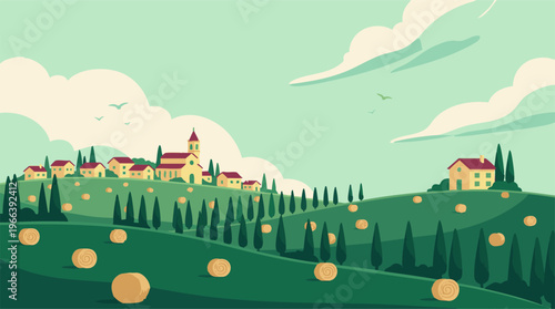 Stylized Tuscan landscape illustration with village, fields, and hay bales