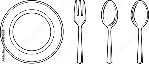 Plate and cutlery outline illustration with fork and spoons in minimalist line vector style