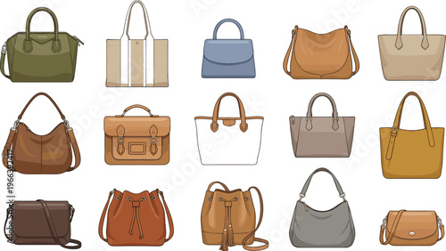 Stylish Handbag Collection Vector Set Featuring Tote, Shoulder, Crossbody, Satchel, and Leather Bags in Modern Fashion Design for Retail, Accessories Branding, and E Commerce Use