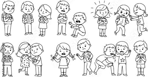 Bullying: Illustrated Children Showing Physical and Emotional Abuse, Intimidation and Harassment on Young Students