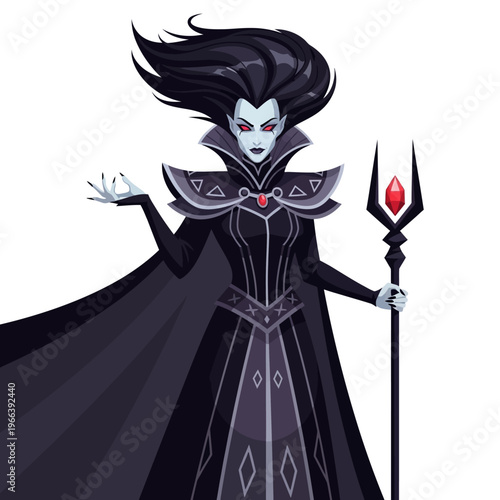 Mysterious Vampire Queen with Red Gem Staff and Flowing Dark Hair - Isolated