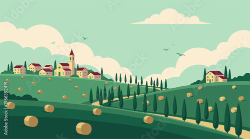 Scenic rural landscape with village, rolling hills, cypress trees, and hay bales