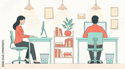 Illustration of professionals working at computers in a modern office environment