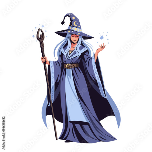 Mystical Wizard Woman Conjuring Magic with Staff and Stars