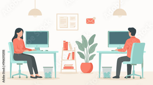 Two people working at computers in a modern office environment illustration