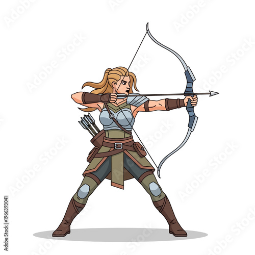 Pixel Art Archer Woman Aiming Bow and Arrow, Fantasy Warrior Female Character
