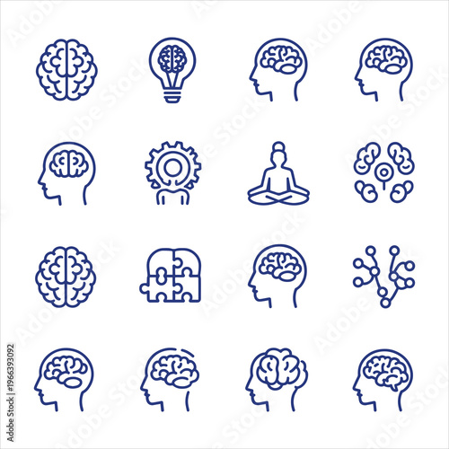 Brain line editable icon set. Containing mind, brain, thinking, mental health, intelligence, smart, cognition, and more. Editable stroke. Vector illustration