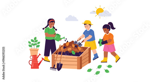 Three children work together to maintain a compost bin in a sunny garden, using watering cans, shovels, and leaves to create rich soil.